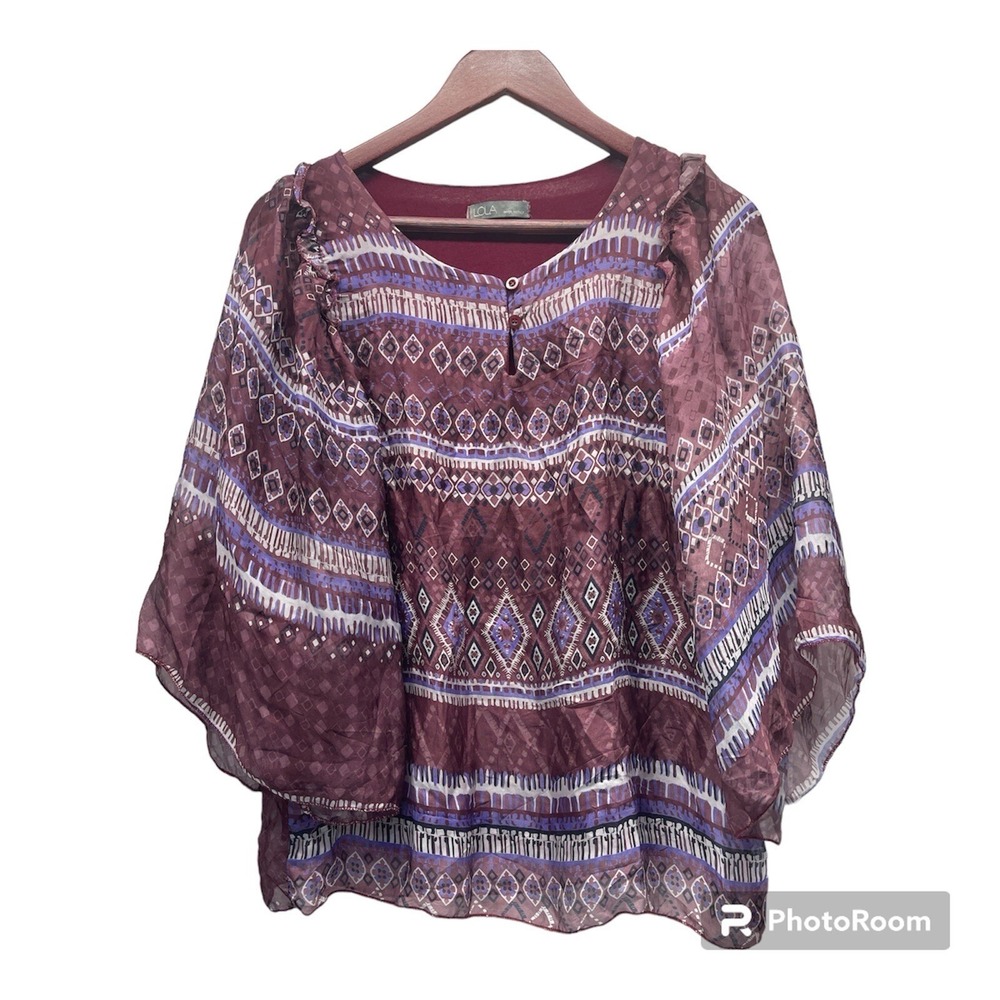 LOLA Women's Large Multi Color Blouse Tunic Top Bell Sleeve Shirt